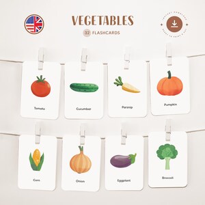LÉGUMES • Anglais • Cartes flash imprimables • Cartes Montessori en trois parties • Nomenclature