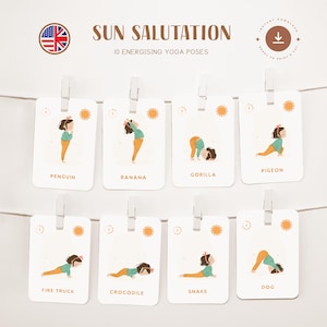 YOGA • Saludo al sol • Inglés • Tarjetas imprimibles • 10 posturas