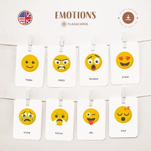 ÉMOTIONS • Anglais • Cartes flash imprimables • Cartes Montessori en trois parties • Nomenclature