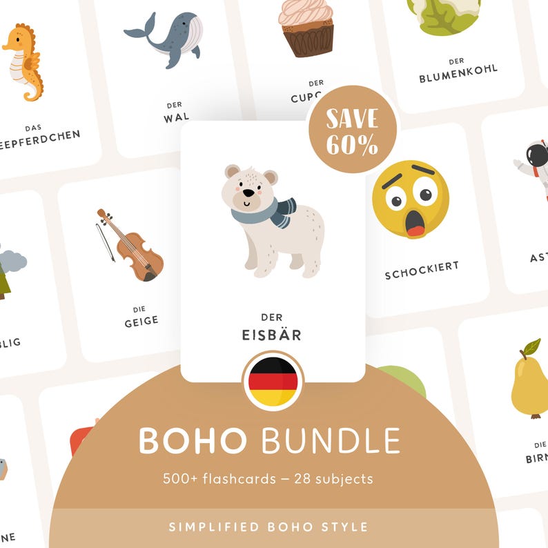 BOHO BUNDLE • German • Printable Flashcards • Three-Part Montessori Cards • Nomenclature image 1