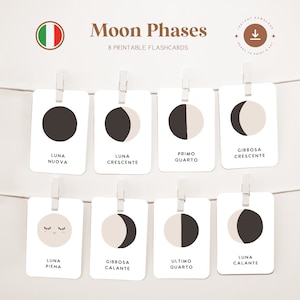 PHASES DE LA LUNE • Italien • Cartes flash imprimables • Cartes Montessori en trois parties • Nomenclature