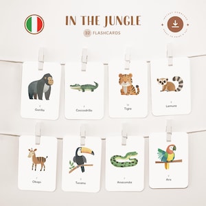 DSCHUNGELTIERE • Italienisch • Druckbare Karteikarten • Dreiteilige Montessori Karte • Nomenklatur