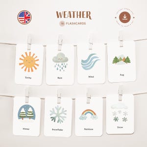 MÉTÉO • Anglais • Cartes flash imprimables • Cartes Montessori en trois parties • Nomenclature