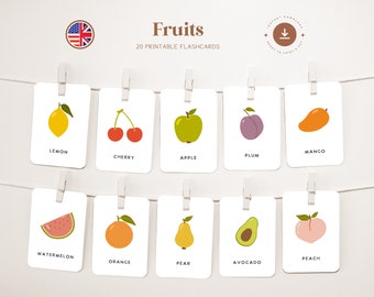 FRUITS • English • Printable Flashcards • Three-Part Montessori Cards • Nomenclature