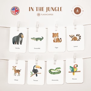 JUNGLE ANIMALS • English • Printable Flashcards • Three-Part Montessori Cards • Nomenclature