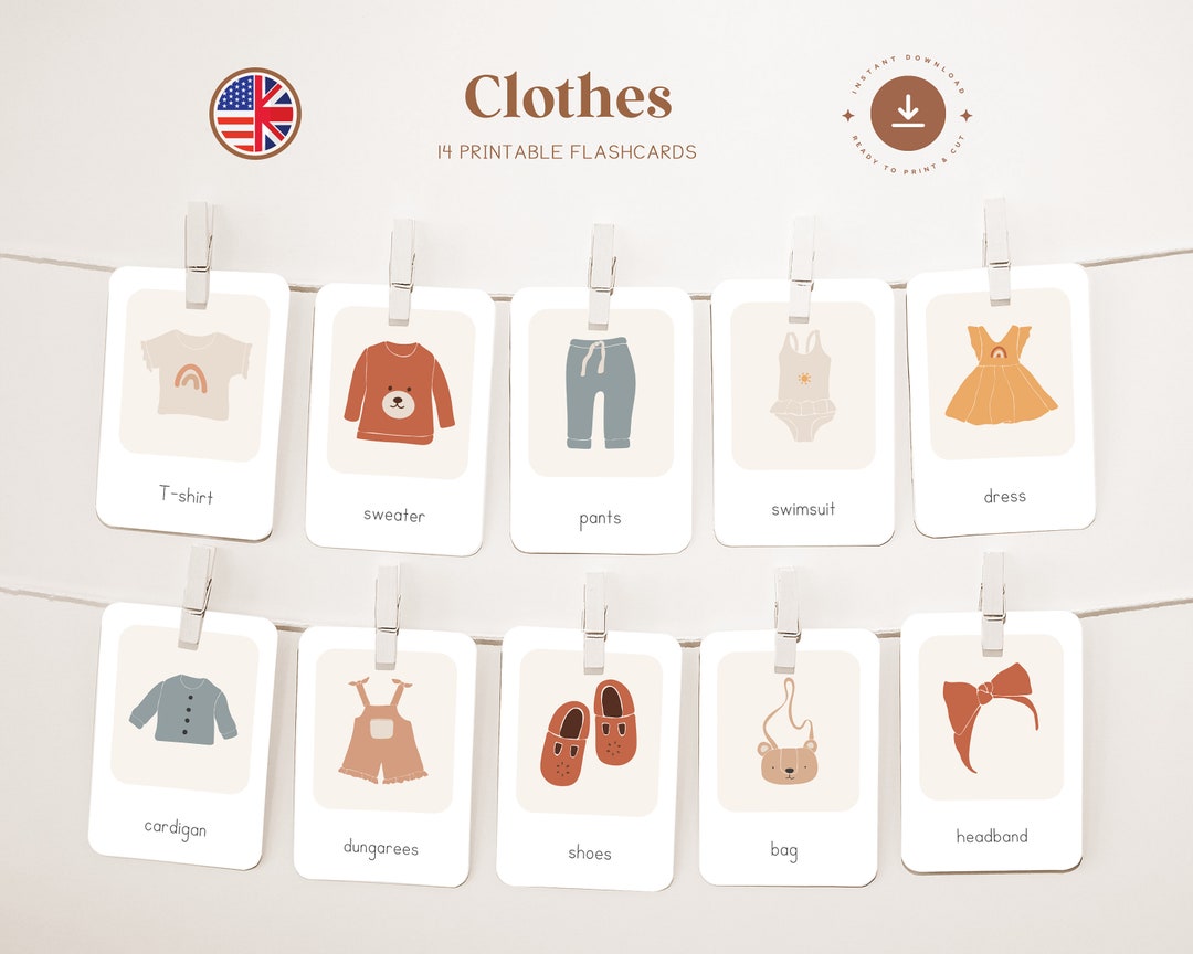 Clothes English Printable Flashcards Three Part Montessori Cards Etsy