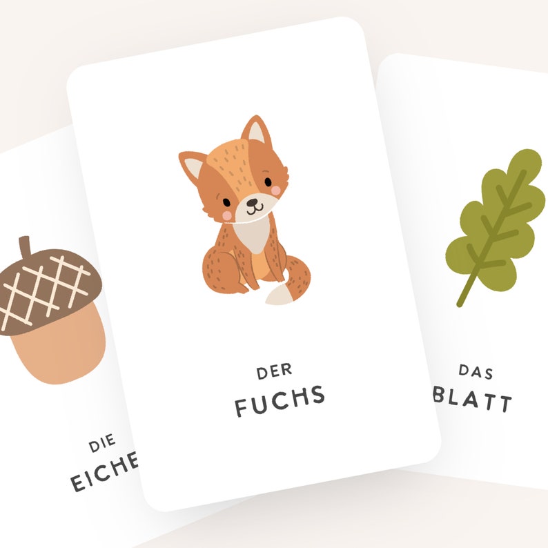 May include: Three illustrated flashcards with German words and images. The first card shows an acorn and the word "DIE EICHE". The second card shows a fox and the word "DER FUCHS". The third card shows an oak leaf and the word "DAS BLATT".