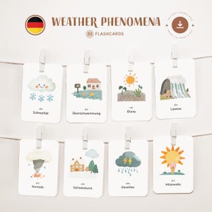 PHÉNOMÈNES MÉTÉO • Allemand • Cartes flash imprimables • Cartes Montessori en trois parties • Nomenclature