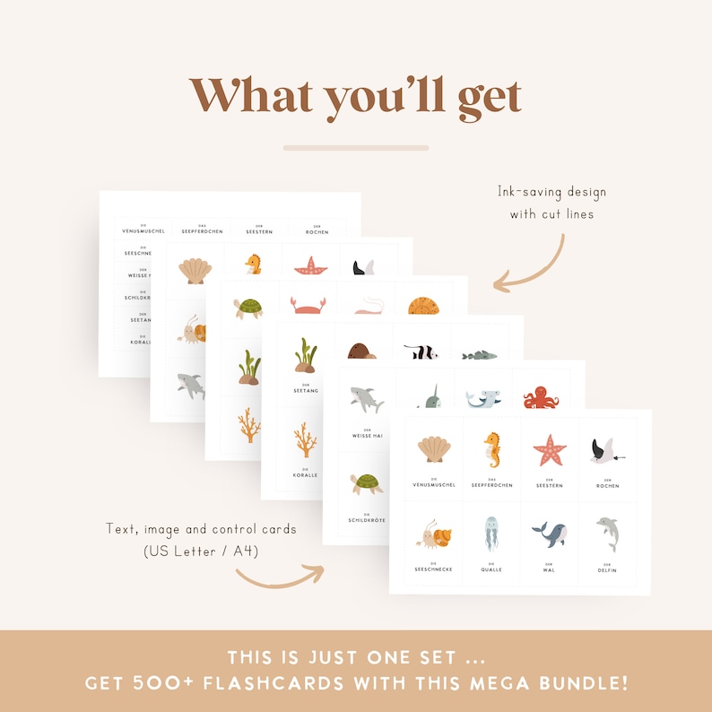 May include: A set of printable flashcards featuring ocean animals and their names in German. The cards are designed to be cut out and used for learning. The text, image, and control cards are included. The cards are designed to be ink-saving with cut lines.