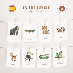 JUNGLE ANIMALS • Spanish • Printable Flashcards • Three-Part Montessori Cards • Nomenclature