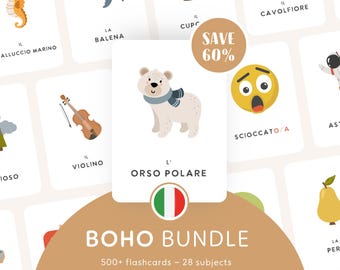 BOHO Paket • Italienisch • Druckbare Karteikarten • Dreiteilige Montessori Karten • Nomenklatur