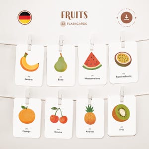 FRUTAS • Alemán • Fichas para imprimir • Fichas Montessori de tres partes • Nomenclatura