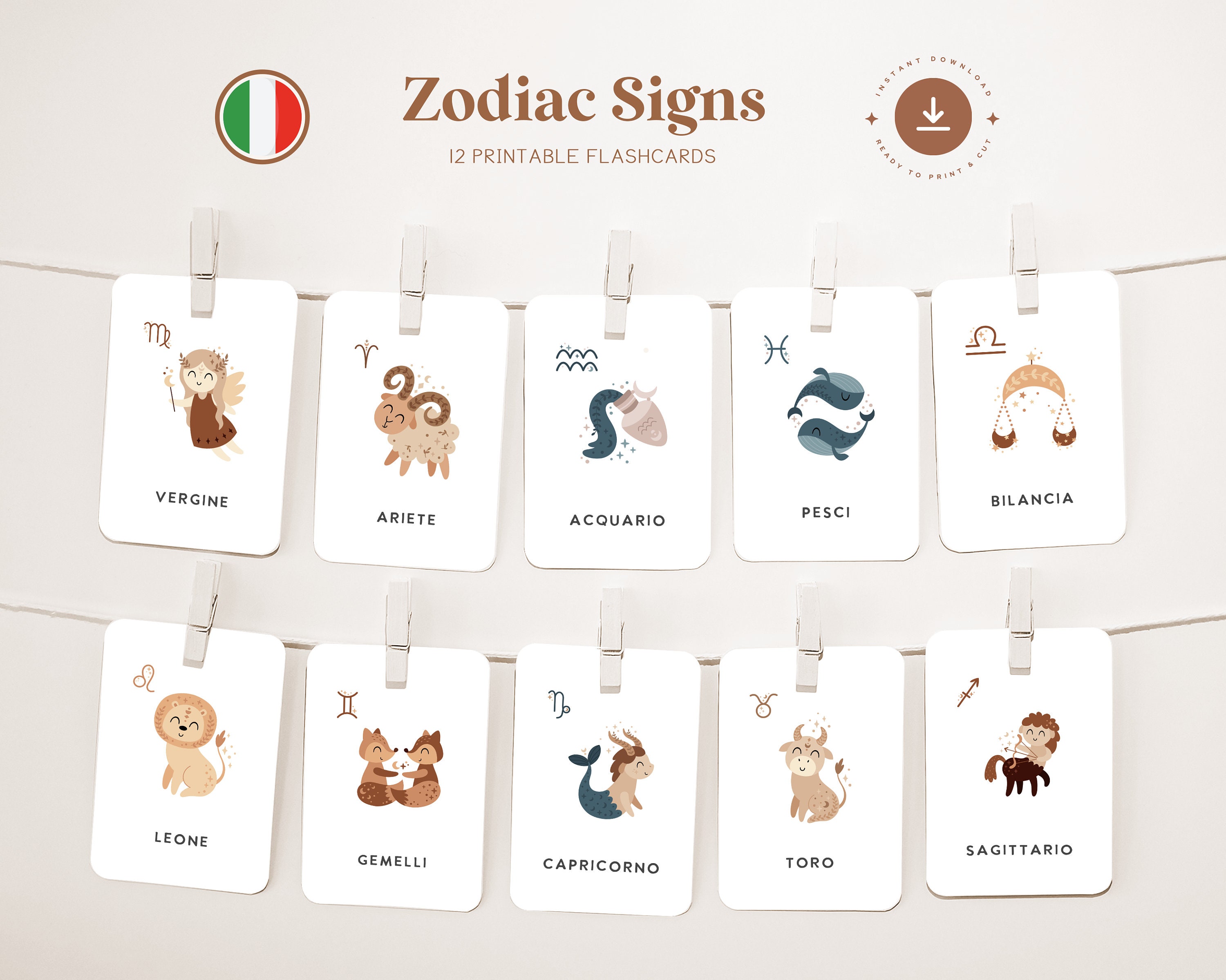 STERNZEICHEN • Italienisch • Druckbare Karteikarten • Dreiteilige Montessori Karte • Nomenklatur