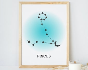 PISCES Constellation Wall Art | Astrology sign art, Zodiac printable, Aura print in blue Horoscope poster