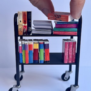 Miniature library Cart! (1:12 Scale) Black with Silver Castor Wheels | Perfect for Displaying Miniature Books