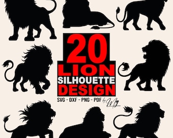 May include: A collection of nine black lion silhouette designs in various poses, including standing, walking, and resting. The image features the text "20 LION SILHOUETTE DESIGN" in red and white, with file format options listed below.