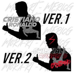 May include: Two black and white silhouette images of Cristiano Ronaldo with the text "Cristiano Ronaldo" and "VER. 1" and "VER. 2" in red and black.