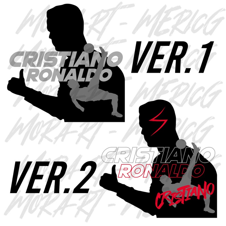 May include: Two black and white silhouette images of Cristiano Ronaldo with the text "Cristiano Ronaldo" and "VER. 1" and "VER. 2" in red and black.
