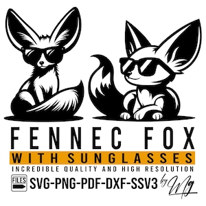 May include: Black and white graphic of two fennec foxes wearing sunglasses. The text "FENNEC FOX WITH SUNGLASSES" is displayed below the foxes, with additional text indicating file types and resolution.