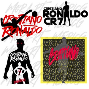 May include: A black and white silhouette of a soccer player with the text "Cristiano Ronaldo" and "CR7" in red and black. The player is standing with his arms raised in the air. The background is white.