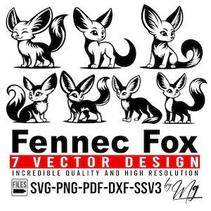 Op de afbeelding: Zwart-wit vectorontwerp met zeven gestileerde Fennek-vossen met grote oren en pluizige staarten. De afbeelding bevat de tekst "Fennec Fox" en "7 Vector Design". Extra tekst geeft bestandstypen aan: SVG, PNG, PDF, DXF en SSV3.