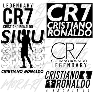 May include: Black and white graphic design featuring the name "Cristiano Ronaldo" and the initials "CR7" repeated multiple times. The design also includes a silhouette of a soccer player in a repeated pattern.