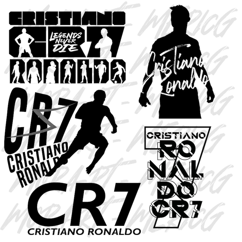 May include: Black and white graphic design featuring the name "Cristiano Ronaldo" and the number "7". The design includes a silhouette of a soccer player kicking a ball, and the text "Legends Never Die".