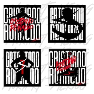May include: Four black and white graphic designs featuring a silhouette of a soccer player with the text "Cristiano Ronaldo" in red and white. The player is in different poses, including kicking a ball, running, and standing with arms outstretched.