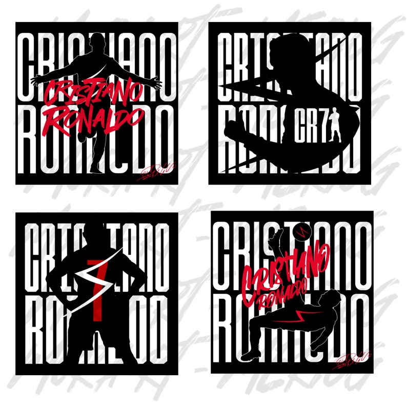 May include: Four black and white graphic designs featuring a silhouette of a soccer player with the text "Cristiano Ronaldo" in red and white. The player is in different poses, including kicking a ball, running, and standing with arms outstretched.