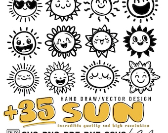 Hand Drawn Sun SVG Bundle, Sunrise Clipart (35 Cut Files)