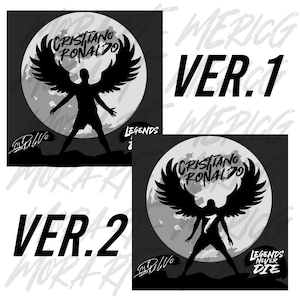 May include: Black and white digital art print featuring a silhouette of Cristiano Ronaldo with angel wings standing in front of a full moon. The text "Cristiano Ronaldo" is written above the image and "Legends Never Die" is written below the image.