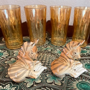 Pristine Vintage Jeanette Peach Lustreware Honeycomb Tumblers – Marigold Iridescent Carnival Glass 10 oz.