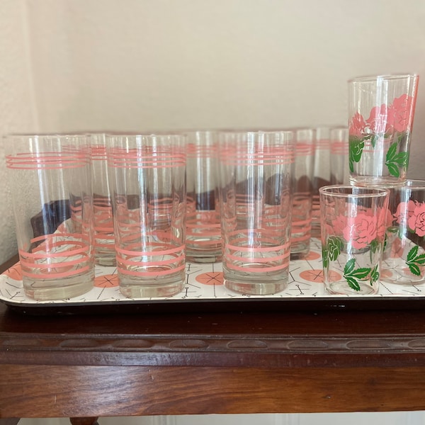 Vintage MCM Pink Horizontal Candy Stripe Juice Glasses/Tumblers, Sold by the Pair