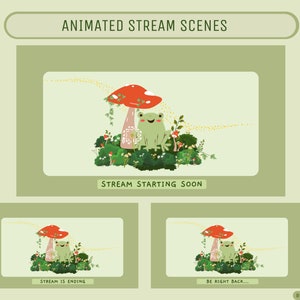 Animated Froggy Forest Mushroom Twitch Scenes- Starting Soon, BRB, green, cute, animated
