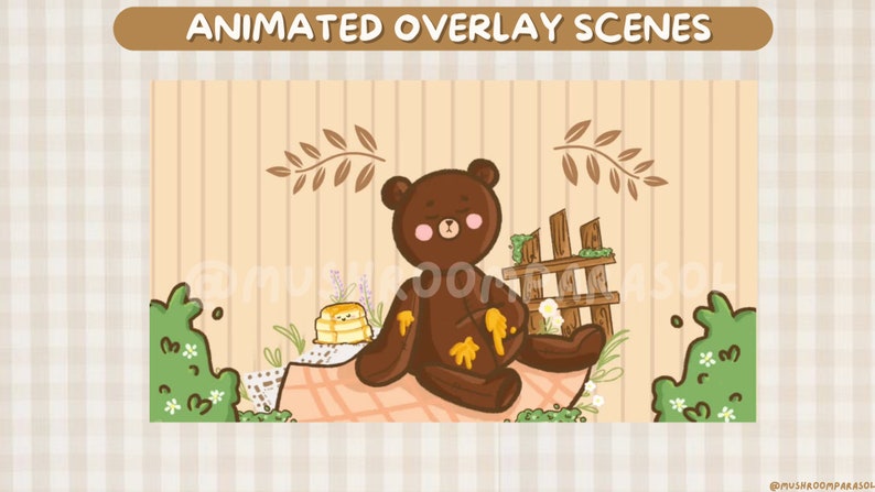 Cozy cottagecore bear twitch stream overlay pack/ kawaii overlay/ cute overlay/ bear overlay/ streaming set up image 6