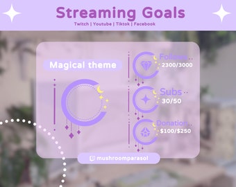 May include: A purple and white illustration of a crescent moon and stars with a circle around it. The text "Magical theme" is at the top of the image. The text "Streaming Goals" is at the top of the image. The text "Twitch | Youtube | Tiktok | Facebook" is below the text "Streaming Goals". The text "Followers 2300/3000" is on the right side of the image. The text "Subs 30/50" is below the text "Followers 2300/3000". The text "Donation $100/$250" is below the text "Subs 30/50". The text "mushroomparasol" is at the bottom of the image.