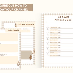May include: A printable worksheet with a gingham pattern background. The worksheet is divided into three sections: "My Channel", "Target Audience", and "Stream Milestones". The "My Channel" section has prompts for "Vibe", "Type of Content", and "How will you translate it to your channel". The "Target Audience" section has a prompt for "Gender". The "Stream Milestones" section has a list of milestones for a streaming channel, including "First Stream", "50 Followers", "Affiliate", "100 Followers", "200 Followers", "500 Followers", "800 Followers", "1000 Followers", "2000 Followers", "3000 Followers", "Partner", and "Join a Stream Team".