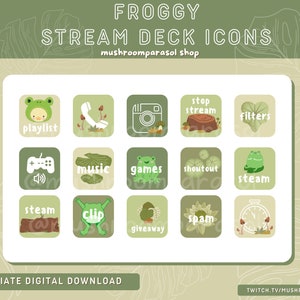 Puede incluir: Un conjunto de 12 iconos de cubierta de transmisión verdes y marrones con ilustraciones de ranas y texto como "playlist", "música", "juegos", "shoutout", "steam", "clip", "giveaway", "spam", "stop stream", "filters".