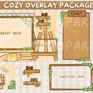 Cozy cottagecore bear twitch stream overlay pack/ kawaii overlay/ cute overlay/ bear overlay/ streaming set up image 1