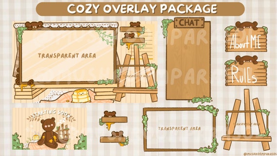 Cozy cottagecore bear twitch stream overlay pack/ kawaii overlay/ cute overlay/ bear overlay/ streaming set up