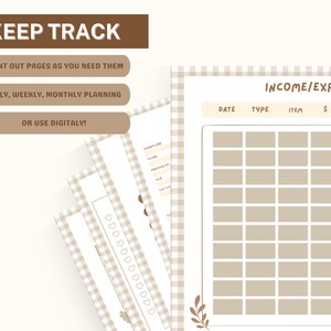 May include: Printable budget tracker with a brown and white gingham pattern. The page is titled "Income/Expenses" and has columns for date, type, item, and amount.