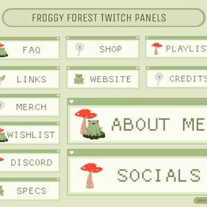 Puede incluir: Un conjunto de paneles de Twitch con un tema de bosque verde. Los paneles presentan varios iconos, incluidos hongos, ranas y dientes de león. El texto en los paneles incluye "FAQ", "Tienda", "Lista de reproducción", "Enlaces", "Sitio web", "Créditos", "Merch", "Lista de deseos", "Acerca de mí", "Discord", "Redes sociales" y "Especificaciones".