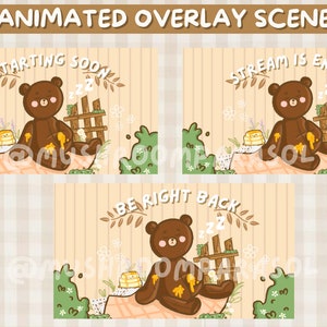 Cozy cottagecore bear twitch stream overlay pack/ kawaii overlay/ cute overlay/ bear overlay/ streaming set up image 4