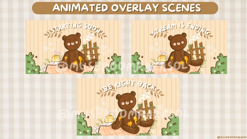 Cozy cottagecore bear twitch stream overlay pack/ kawaii overlay/ cute overlay/ bear overlay/ streaming set up image 4
