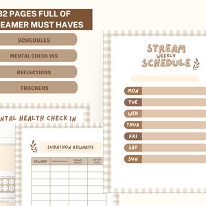 May include: A printable planner for streamers with a brown and white gingham background. The planner includes sections for schedules, mental health check-ins, reflections, trackers, and subathon rewards.