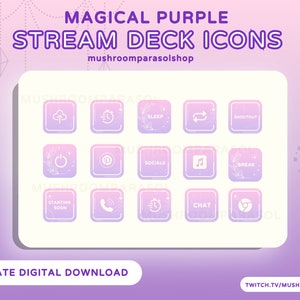 以下が含まれることがあります： 雲、時計、音符、電話、チャットバブルなど、さまざまなシンボルが描かれた、12個の紫と白のストリームデッキアイコンのセット。アイコンは、魔法の紫のテーマでデザインされており、白いアウトラインがあります。