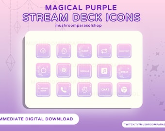 Puede incluir: Un conjunto de 12 iconos de cubierta de transmisión de color púrpura y blanco con varios símbolos, que incluyen una nube, un reloj, una nota musical, un teléfono y una burbuja de chat. Los iconos están diseñados con un tema púrpura mágico y tienen un contorno blanco.
