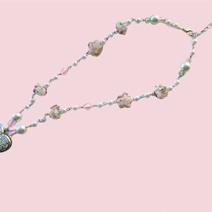 Glass Bead and Faux Pearl Heart Locket Necklace Inspired By Candy Necklaces by Land Del Rey