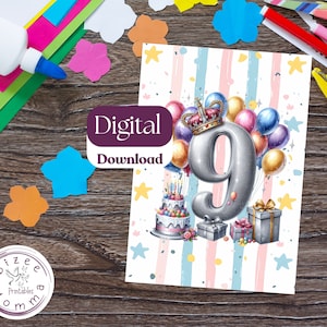 Carte de neuvième anniversaire pour enfants Carte de joyeux anniversaire à imprimer pour les 9 ans