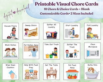 May include: A set of printable visual chore cards featuring 81 chore and choice cards plus blank customizable cards in two sizes. The cards display illustrations of household tasks like vacuuming, laundry, dishes, and pet care with text labels.